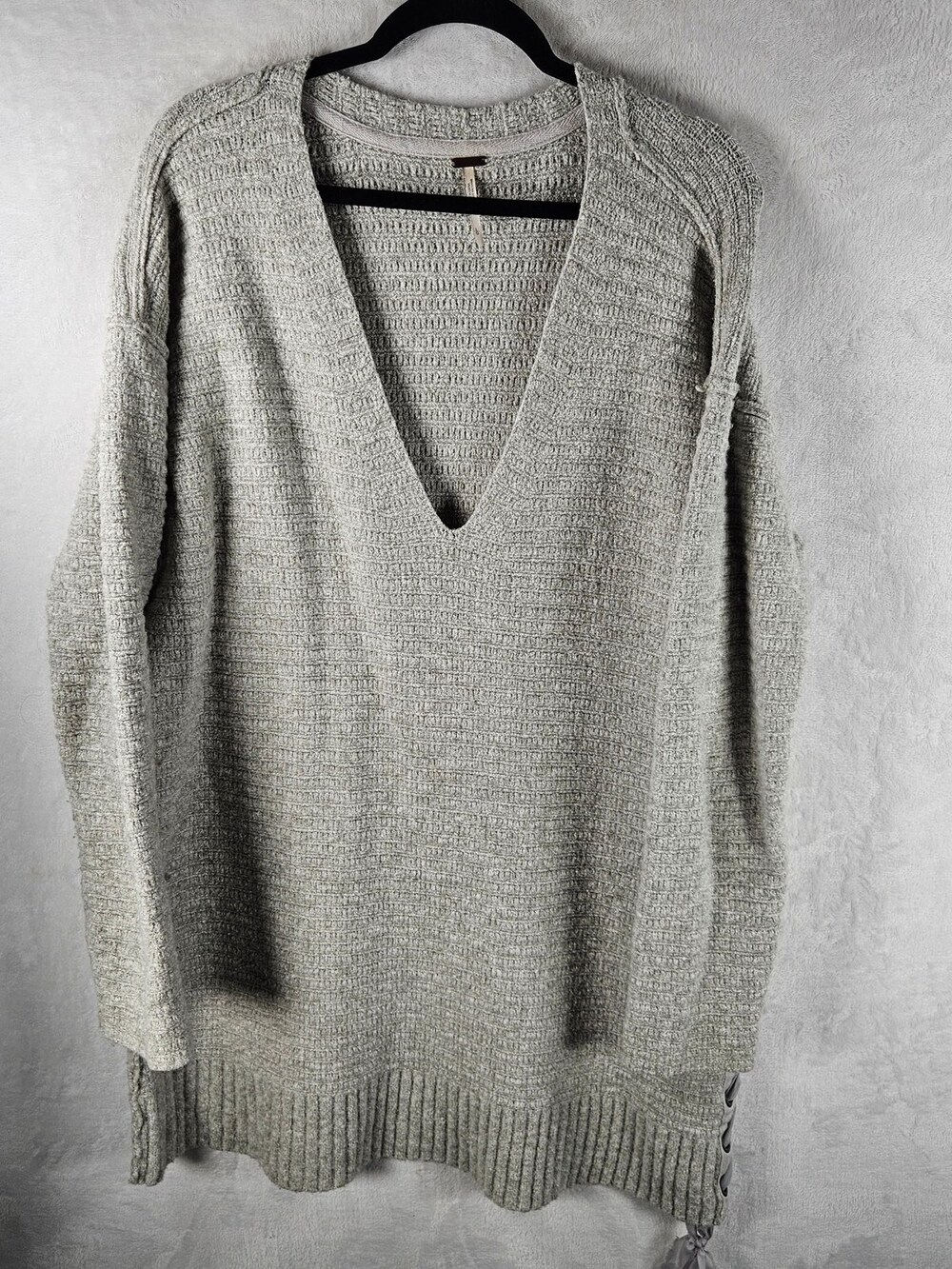 Free People Sweater V-Neck Waffle Knit Side Lace-Up Gray Women's Size Large